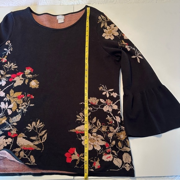 Chico’s Floral Bird Print Bell Sleeve Black Sweater - Large - Picture 12 of 14